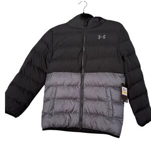Under Armour Boys Puffer Jacket Black Grey Hooded Insulated Winter Warm Size YMD